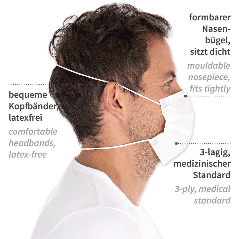 Mundschutz Typ II, 3-lagig | PP, Kopfband - weiß