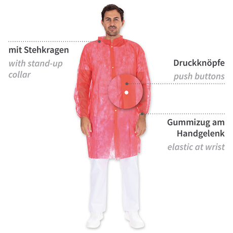 Besucherkittel Light mit Druckknöpfen, Stehkragen | PP - rot